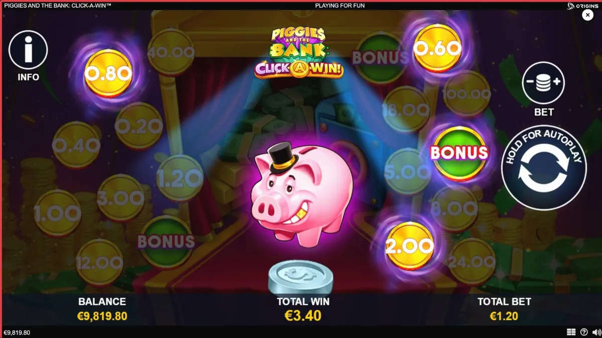 Piggies and the Bank: Click-A-Win slot game interface featuring a wealthy pig in a top hat.